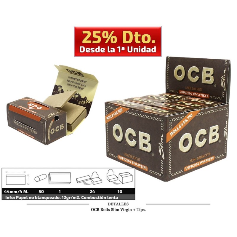 OCB ROLLS SLIM + TIPS VIRGIN 16 UDS