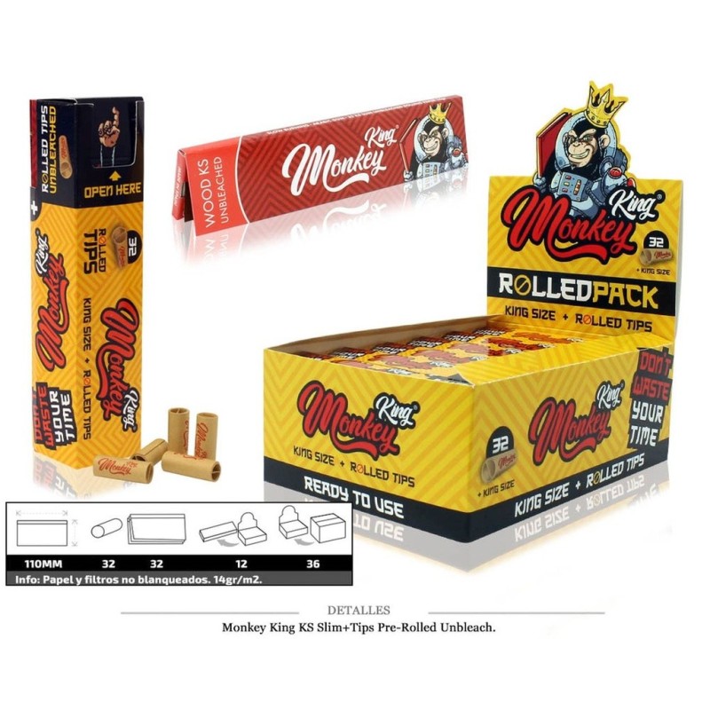MONKEY KING KS SLIM+TIPS PRE-ROLLED UNBLEACH 12 UD