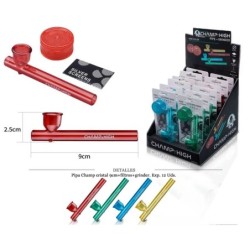 PIPA CRISTAL CHAMP 9CM+FILTROS+GRINDER 12 UDS