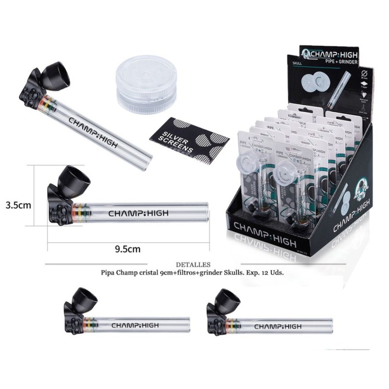 PIPA CRISTAL CHAMP 9CM+FILTROS+GRINDER SKUL 12 UDS