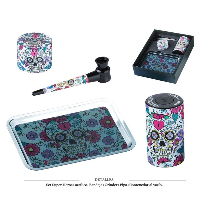 SET SUPER HEROES GRINDER/PIPA/STORAGE/BAND. SKULL FLOWERS