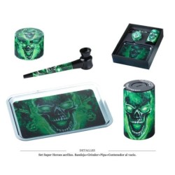 SET SUPER HEROES GRINDER/PIPA/STORAGE/BAND. SKULL GREEN