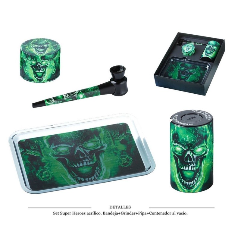 SET SUPER HEROES GRINDER/PIPA/STORAGE/BAND. SKULL GREEN