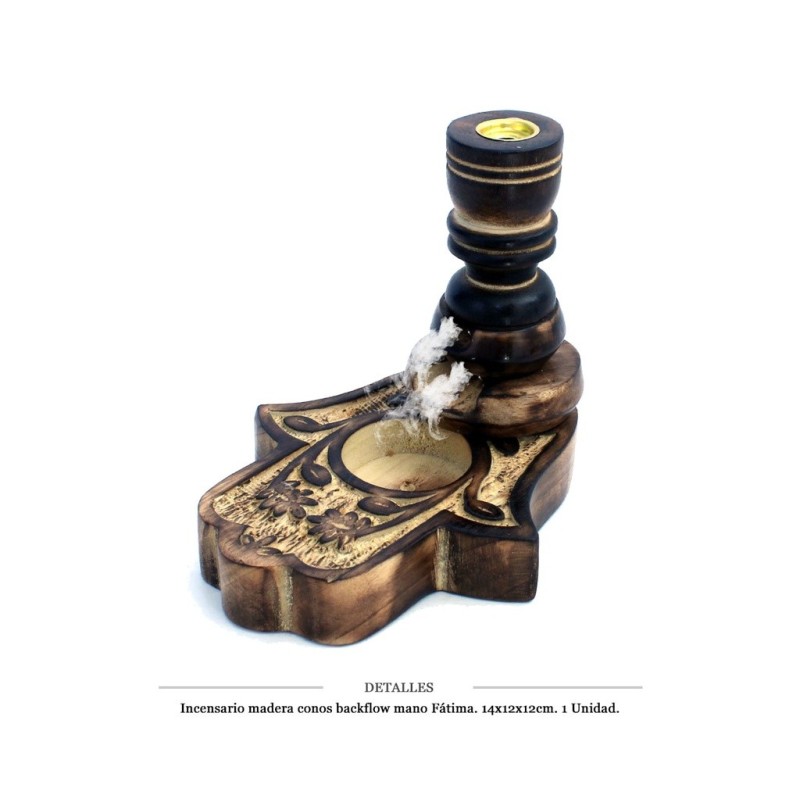 INCENSARIO MADERA CONOS BACKFLOW MANO FATIMA 14X12X12 CM