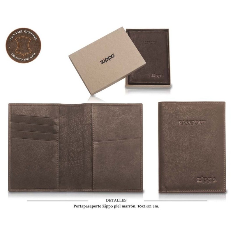 PORTAPASAPORTE ZIPPO PIEL MARRON