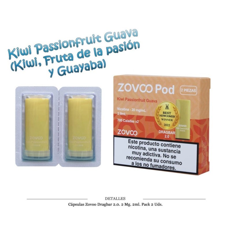 CAPSULAS ZOVOO DRAGBAR 2.0 KIWI PASSIONFRUIT GUAVA 2 UD 20MG 4ML