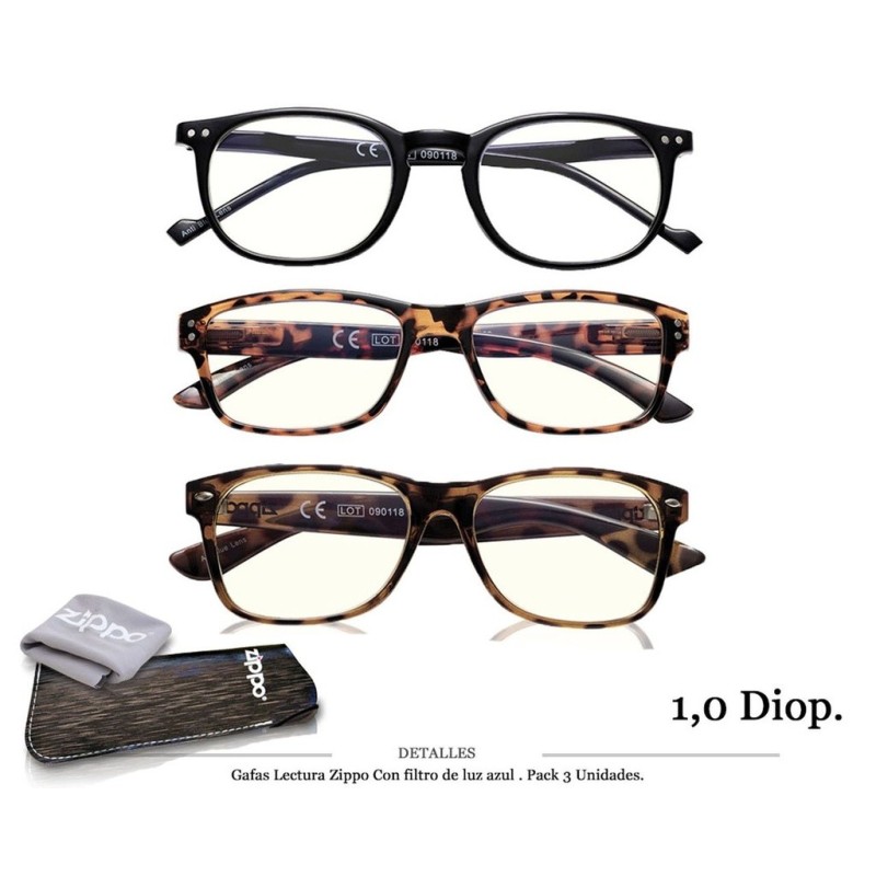 GAFAS LECT ZIPPO FILTRO PROT 1.0 DIOP PACK 3 UDS
