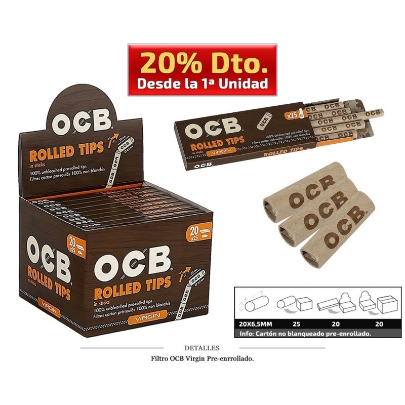 FILTRO OCB TIPS PREROLLED VIRGIN 25X20 UDS